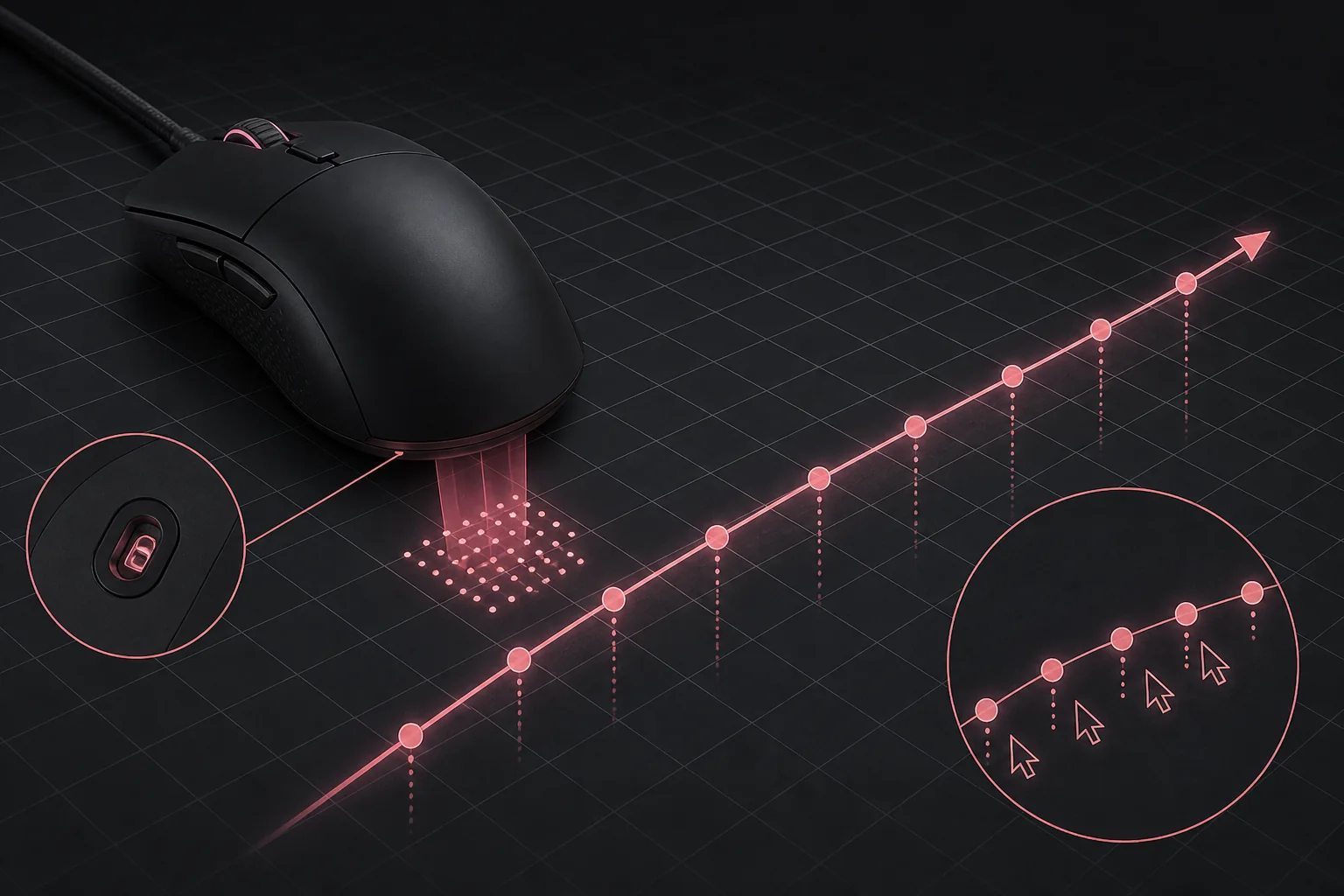 Gaming mouse sensor samples plotted across a measured movement path
