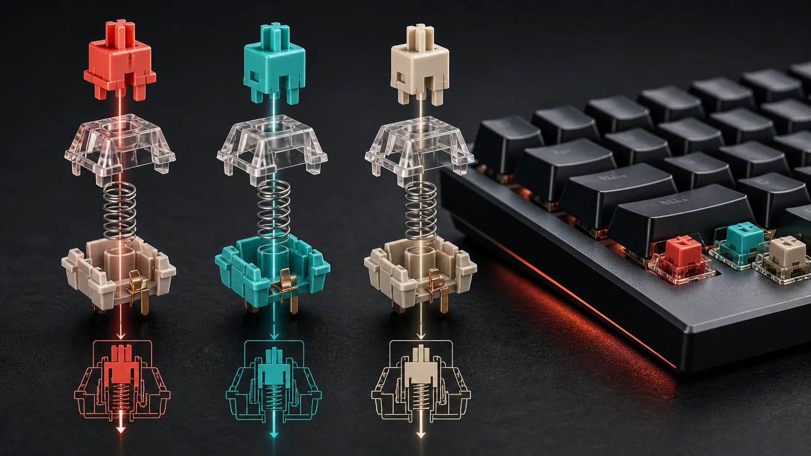 Exploded mechanical keyboard switches showing stems springs and housings