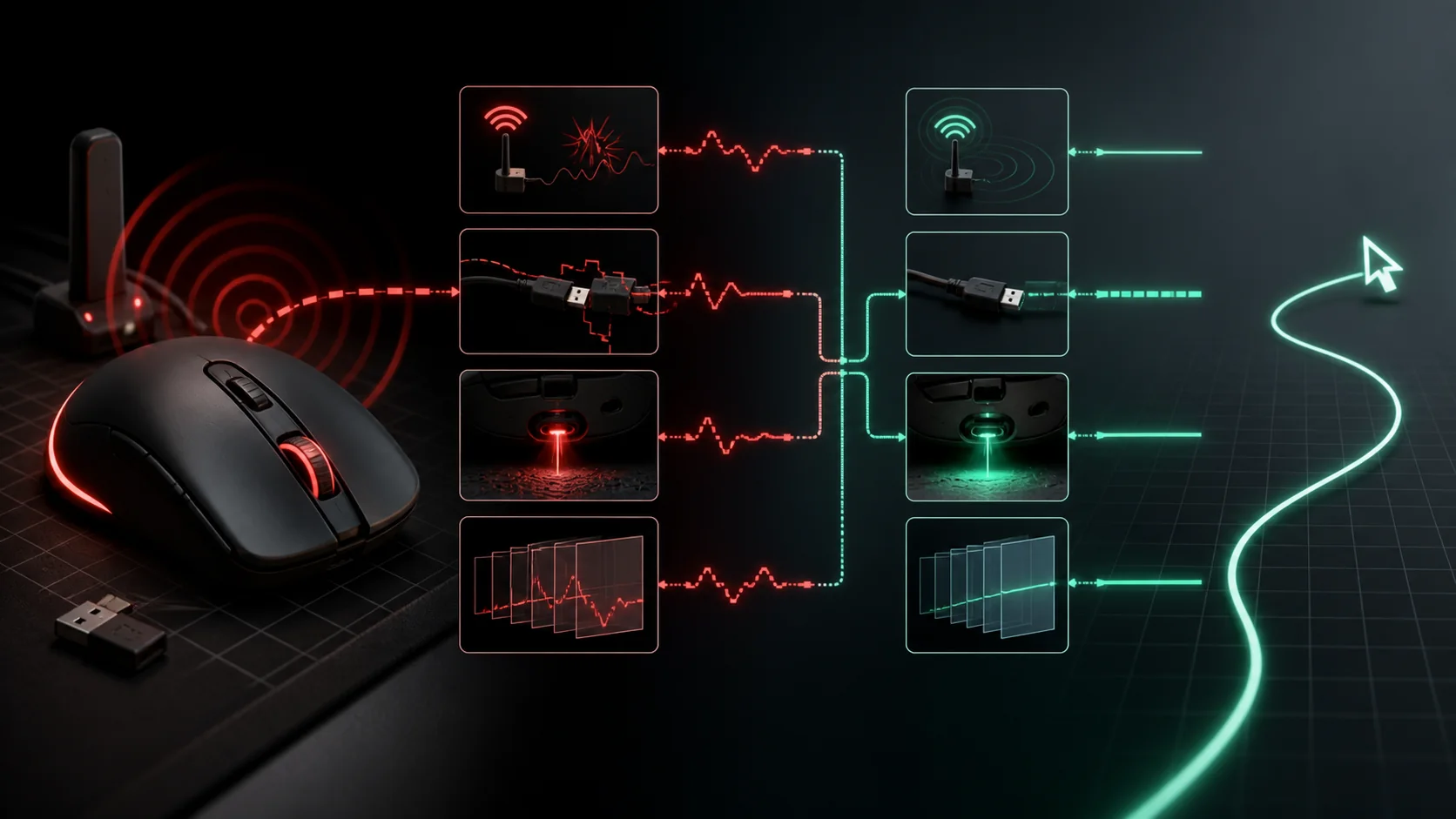 Wireless gaming mouse and receiver beside interference symbols and cursor paths