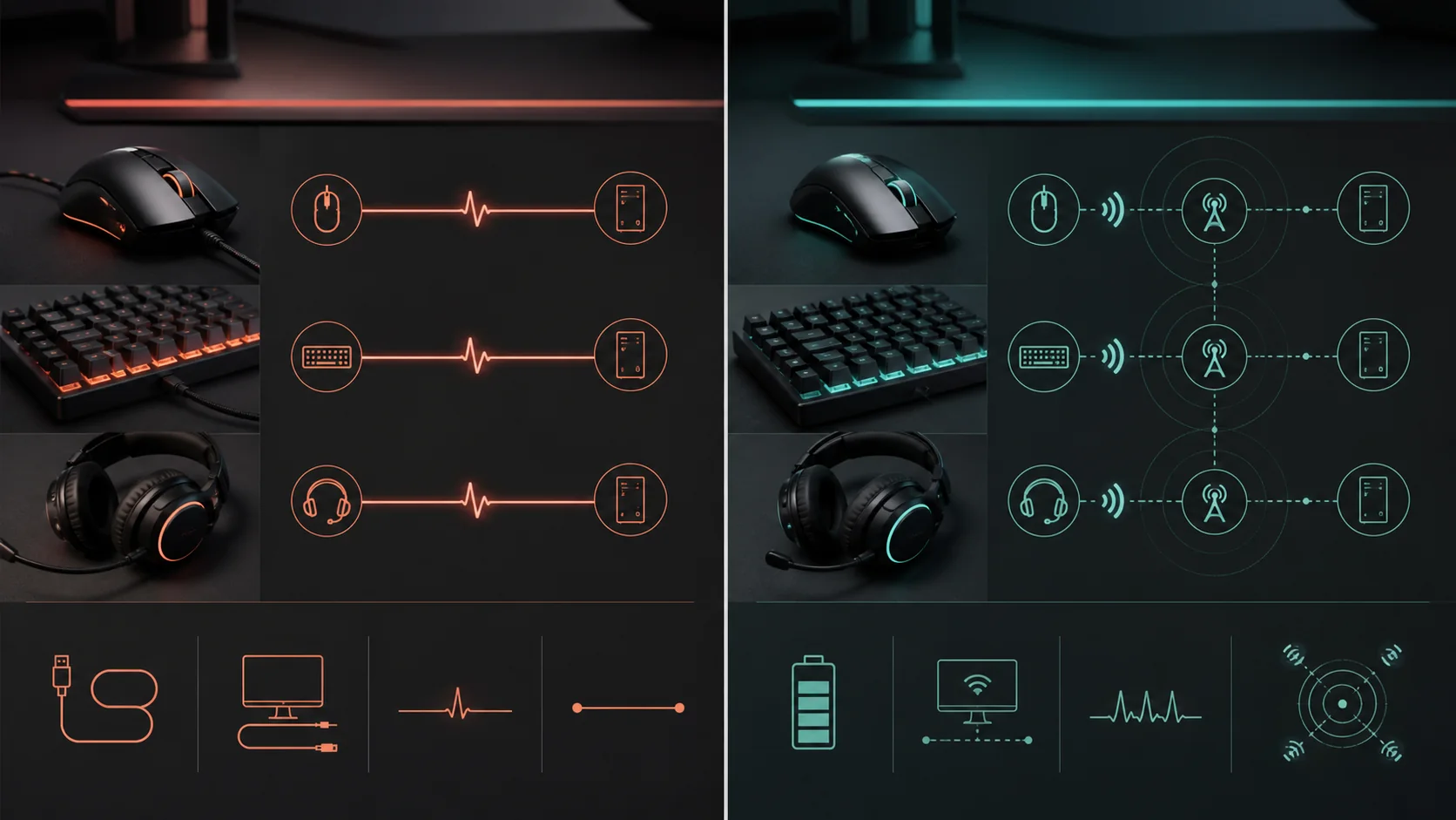 Wired and wireless gaming mouse keyboard and headset signal paths
