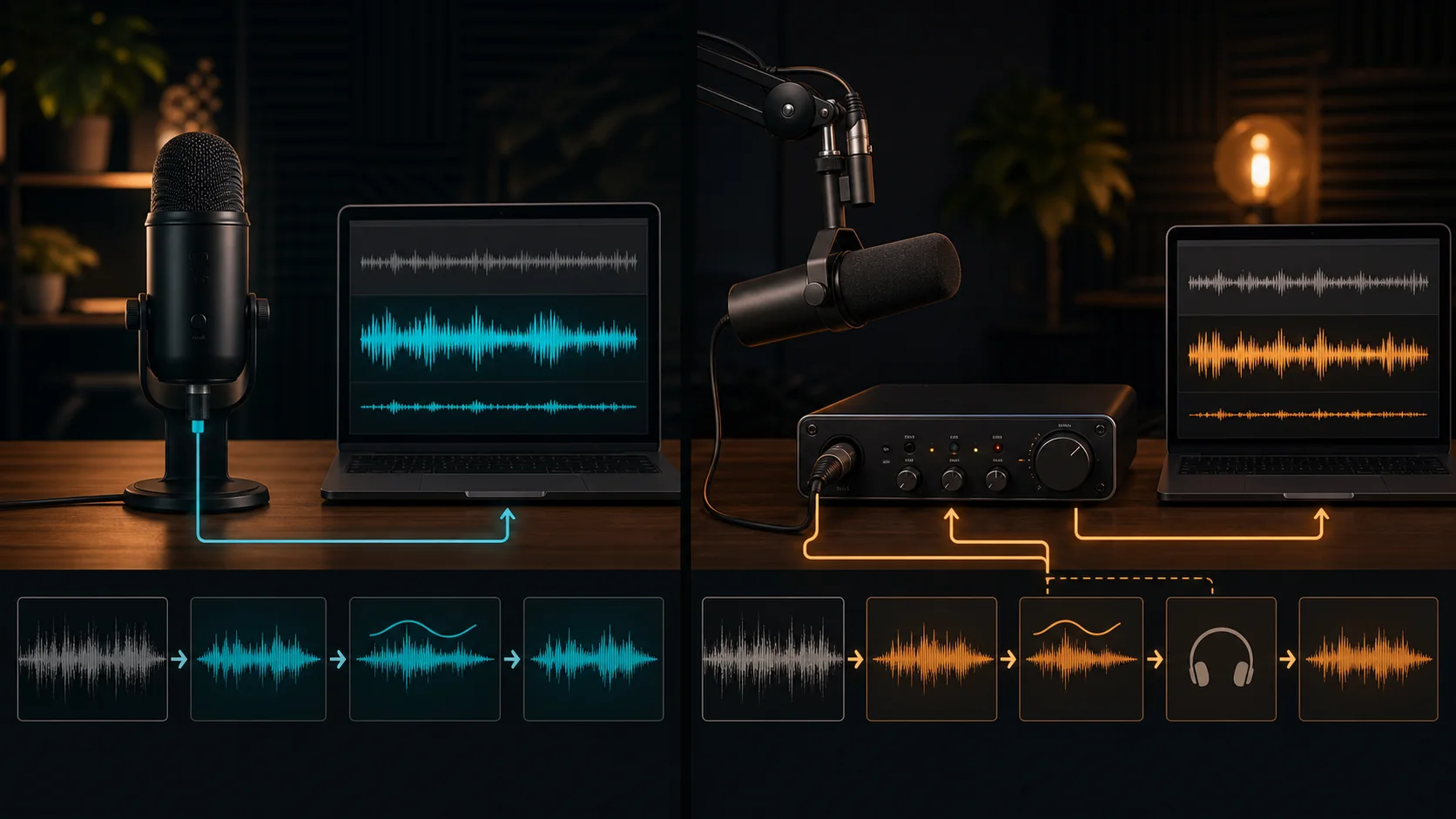 USB and XLR streaming microphone signal paths compared from voice to OBS
