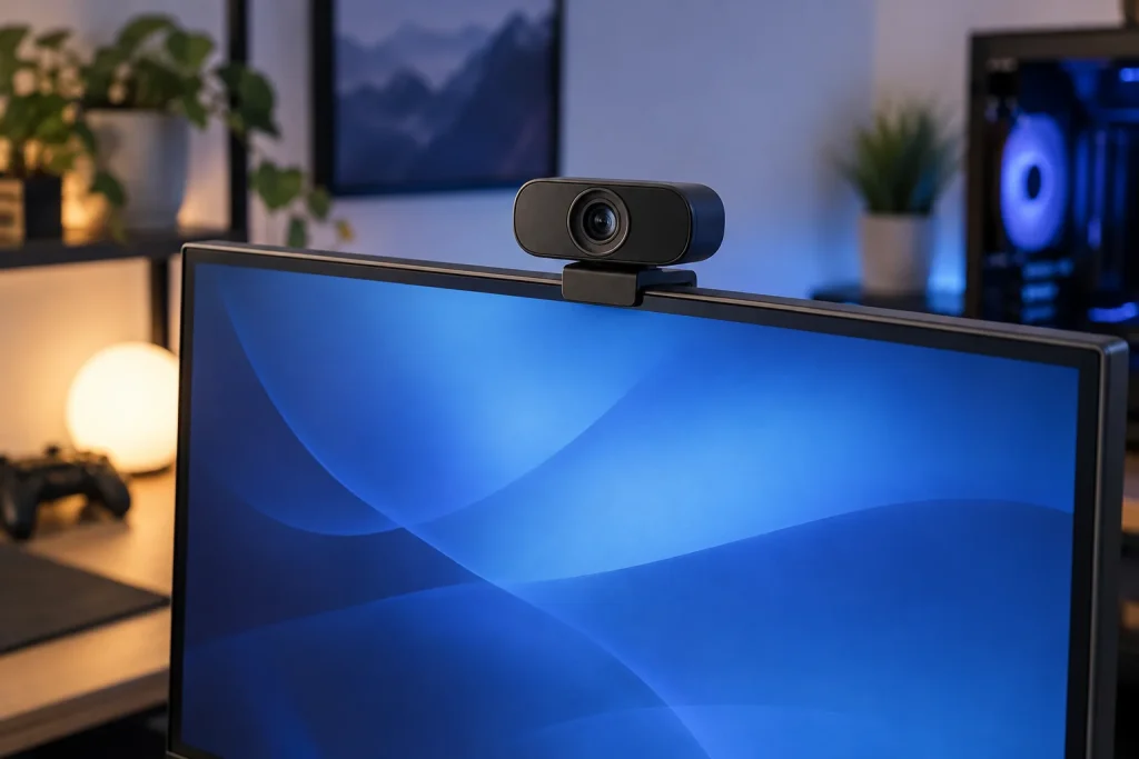 Black webcam clipped to the top of a monitor in a softly lit gaming setup