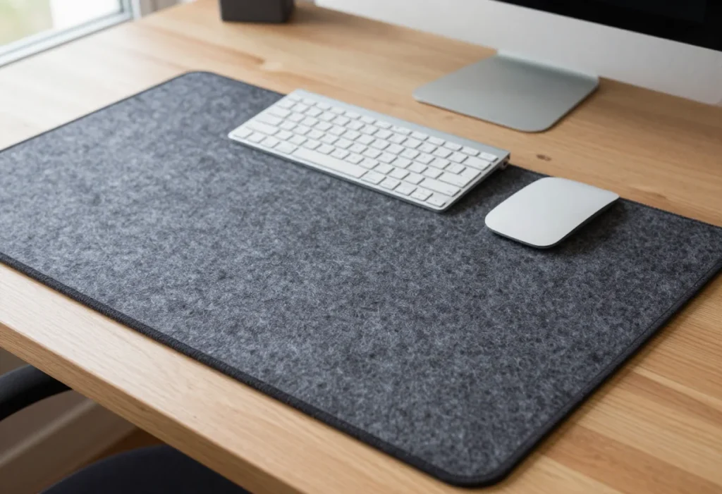 Gray felt desk mat with a slim silver keyboard and white mouse on a wooden desk