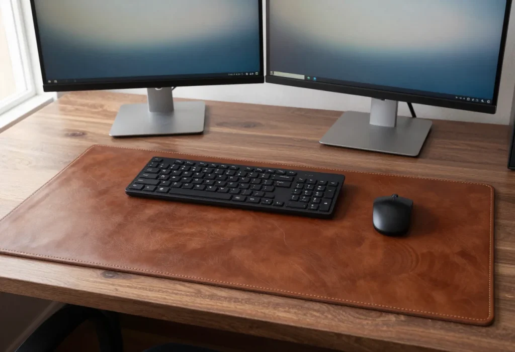 Brown stitched leather desk mat with a black keyboard and mouse in front of two monitors