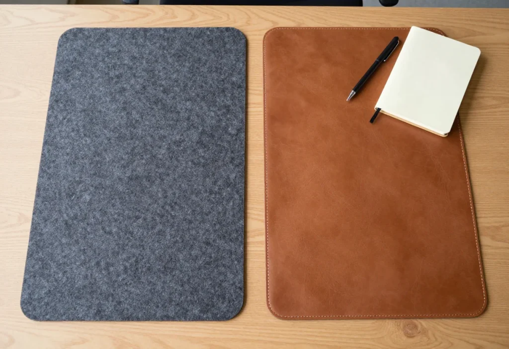 Gray felt and brown leather desk mats side by side, with a notebook and pen on the leather mat