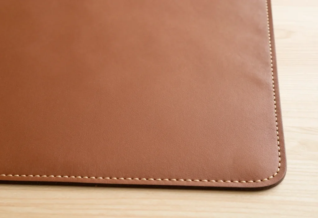 Close-up of a brown leather desk mat corner with a cream stitched border