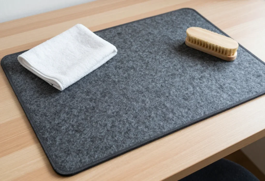 Gray felt desk mat with a folded white cleaning cloth and a wooden brush