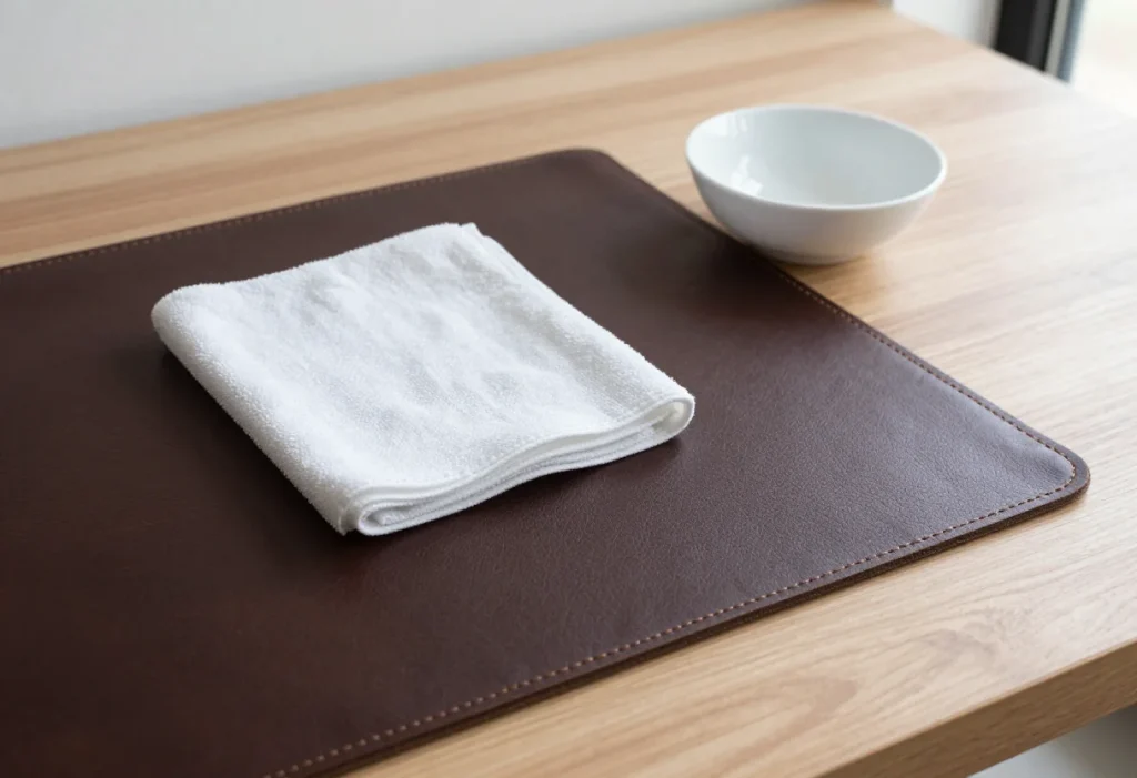Brown leather desk mat with a folded white cleaning cloth and a white bowl beside it