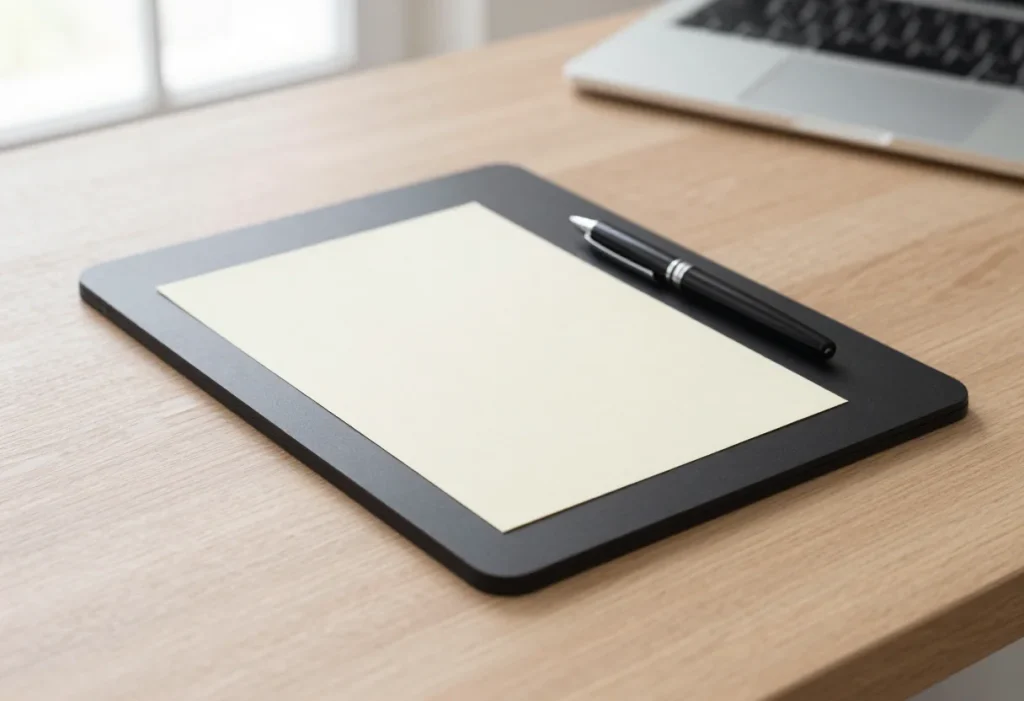 Black desk writing pad with blank cream paper and a black pen on a wooden desk