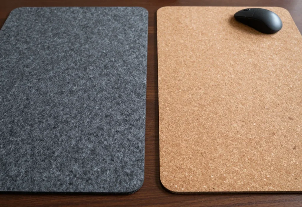 Gray felt and tan cork desk mats side by side with a black mouse on the cork surface