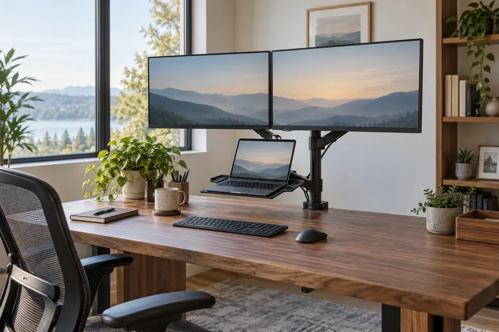 Two monitors and a laptop tray supported by a central desk stand
