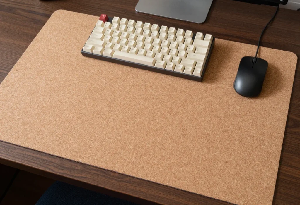 Tan cork desk mat with a compact cream mechanical keyboard and black wired mouse