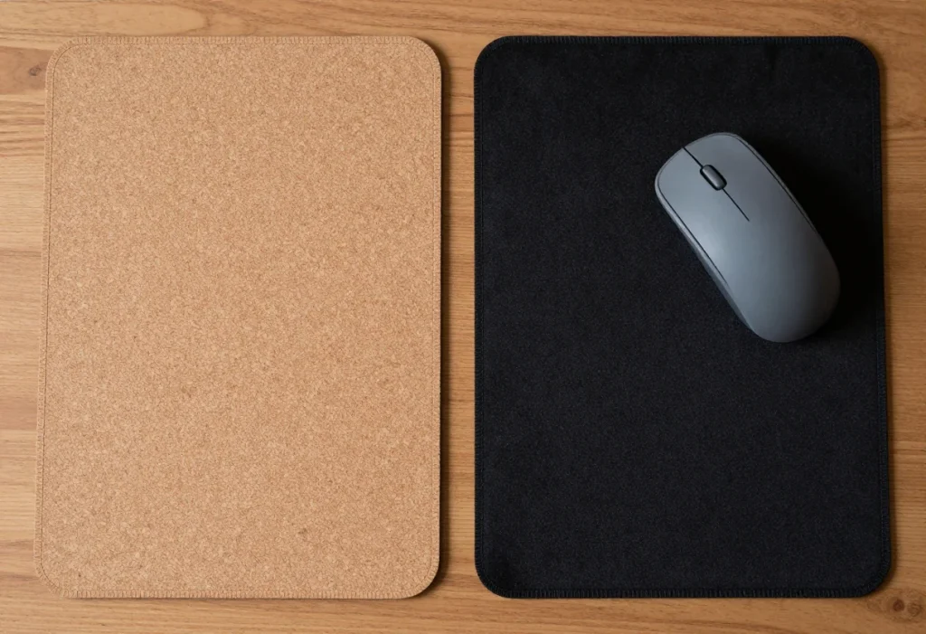 Tan cork and black cloth desk mats side by side with a gray mouse on the cloth mat