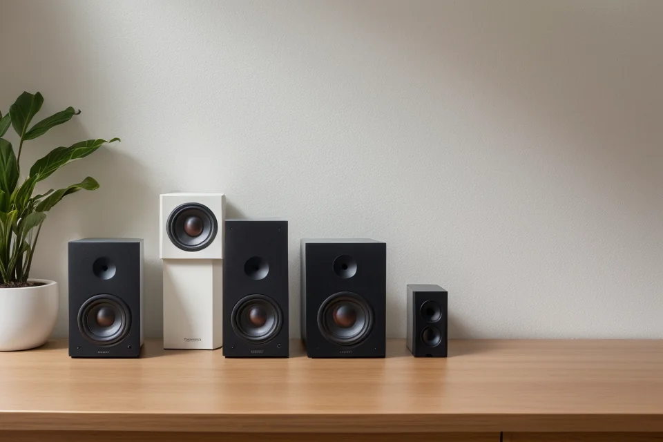 Several desktop speakers of different sizes arranged on a wooden desk