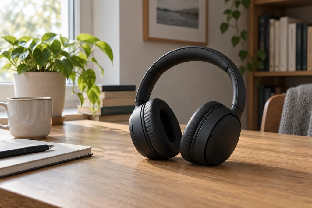 Black over-ear headphones on a wooden desk in a quiet study