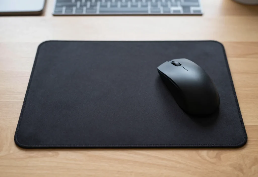 Black stitched-edge mouse pad with a wireless mouse on a light wooden desk