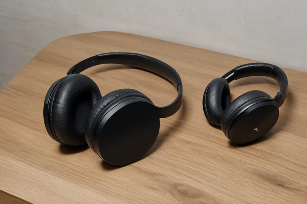 Two black over-ear headphones without boom microphones on a wooden tabletop