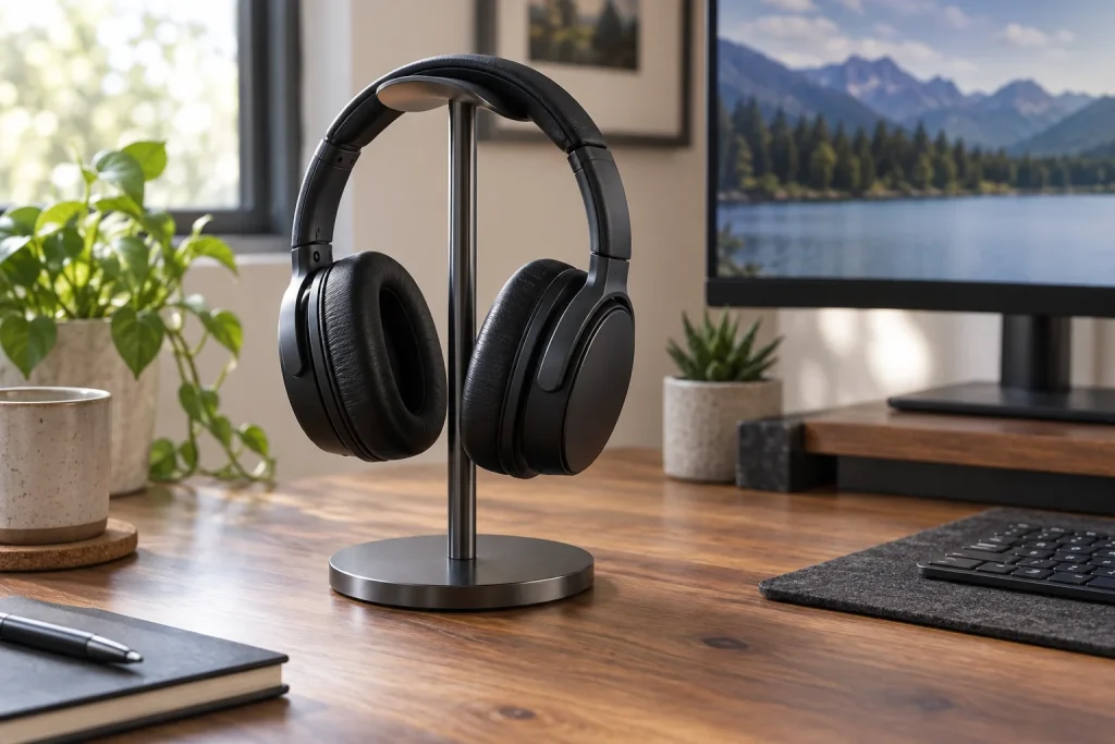 Black over-ear headphones resting on a metal stand with a round base on a wooden desk
