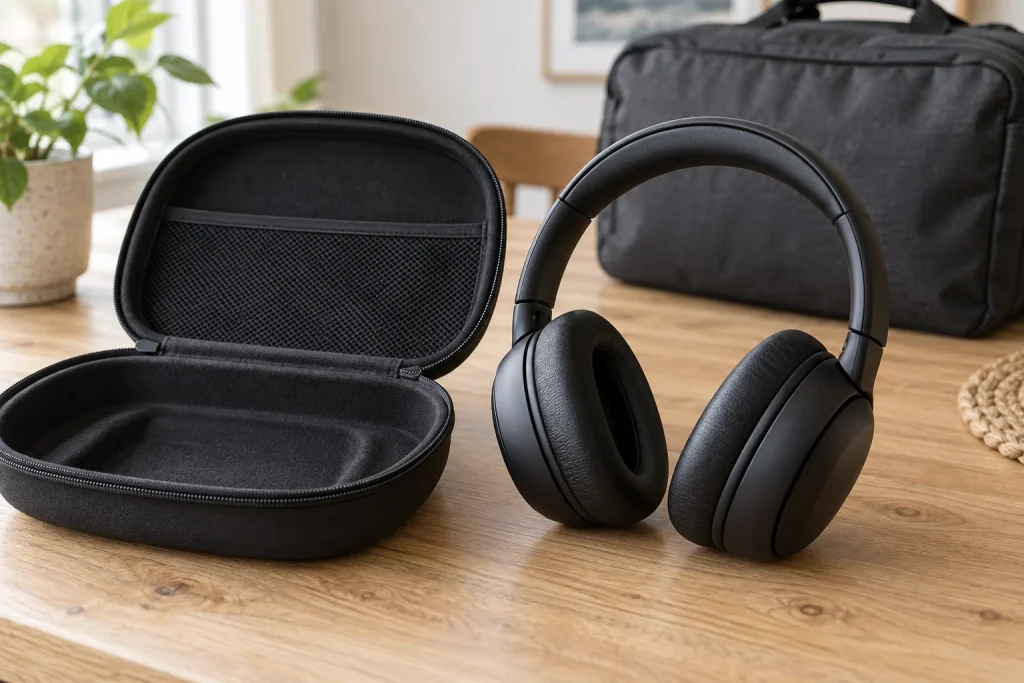 Black over-ear headphones beside an open protective carrying case