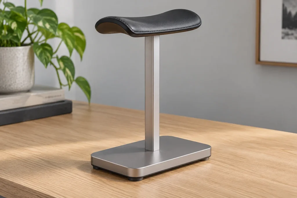 Empty aluminum headphone stand with a broad padded saddle and weighted rectangular base