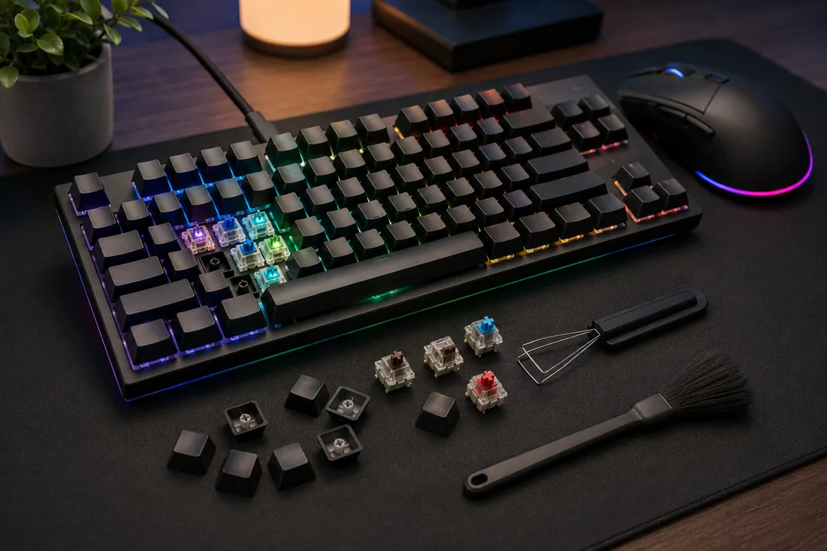 Mechanical keyboard and gaming mouse beside spare switches, a keycap puller and cleaning brush