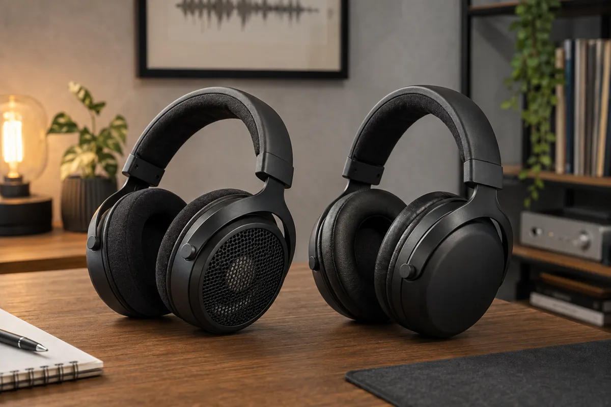 Open-back and closed-back over-ear headsets showing perforated and solid earcup shells