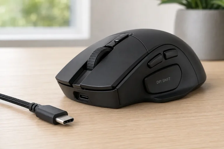 Gaming mouse with a labeled thumb DPI-shift paddle, front USB-C port and disconnected USB-C cable